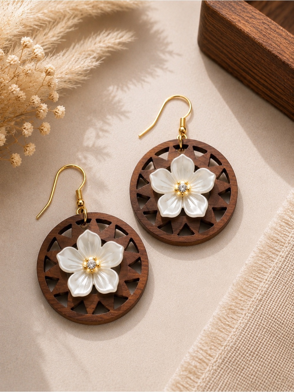 Gold-Trim Wood Drop Earrings with White Floral Accent